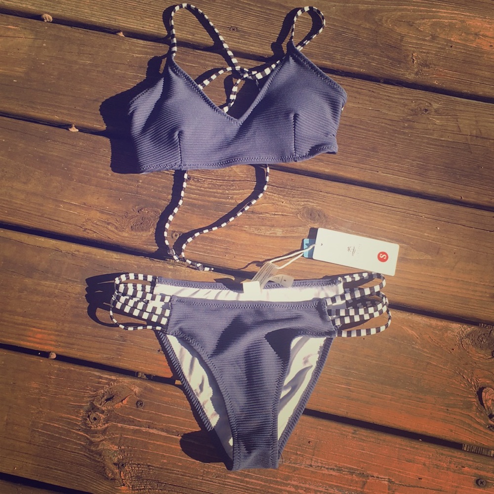 Cupshe NavyBlue Ribbed & Strappy Bikini, S